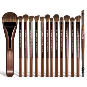 Maange 14pcs Coffee Premium Synthetic Makeup Brushes Set With Aluminum Ferrule